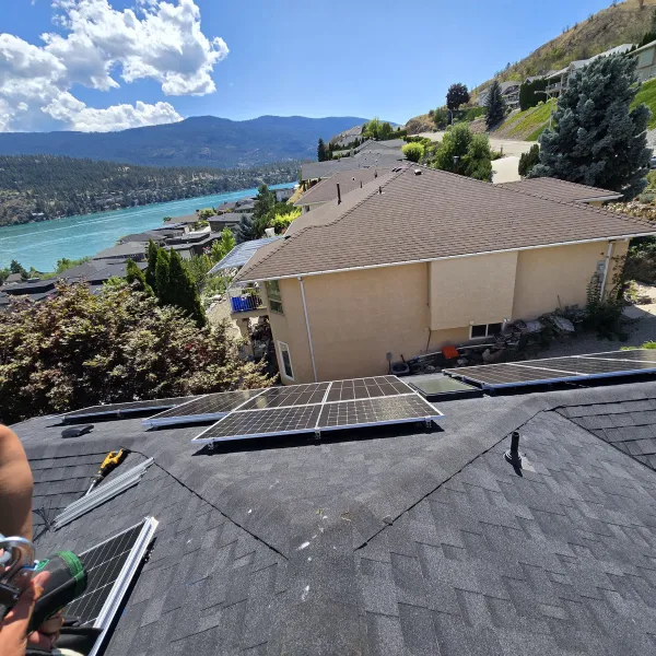Finished panels on a roof, seen from the ridge